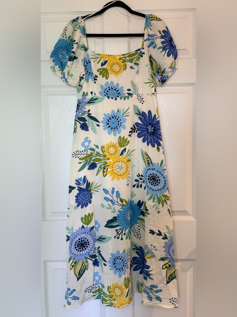 Blu Pepper Floral Cotton Dress in White with Blue & Yellow Flowers